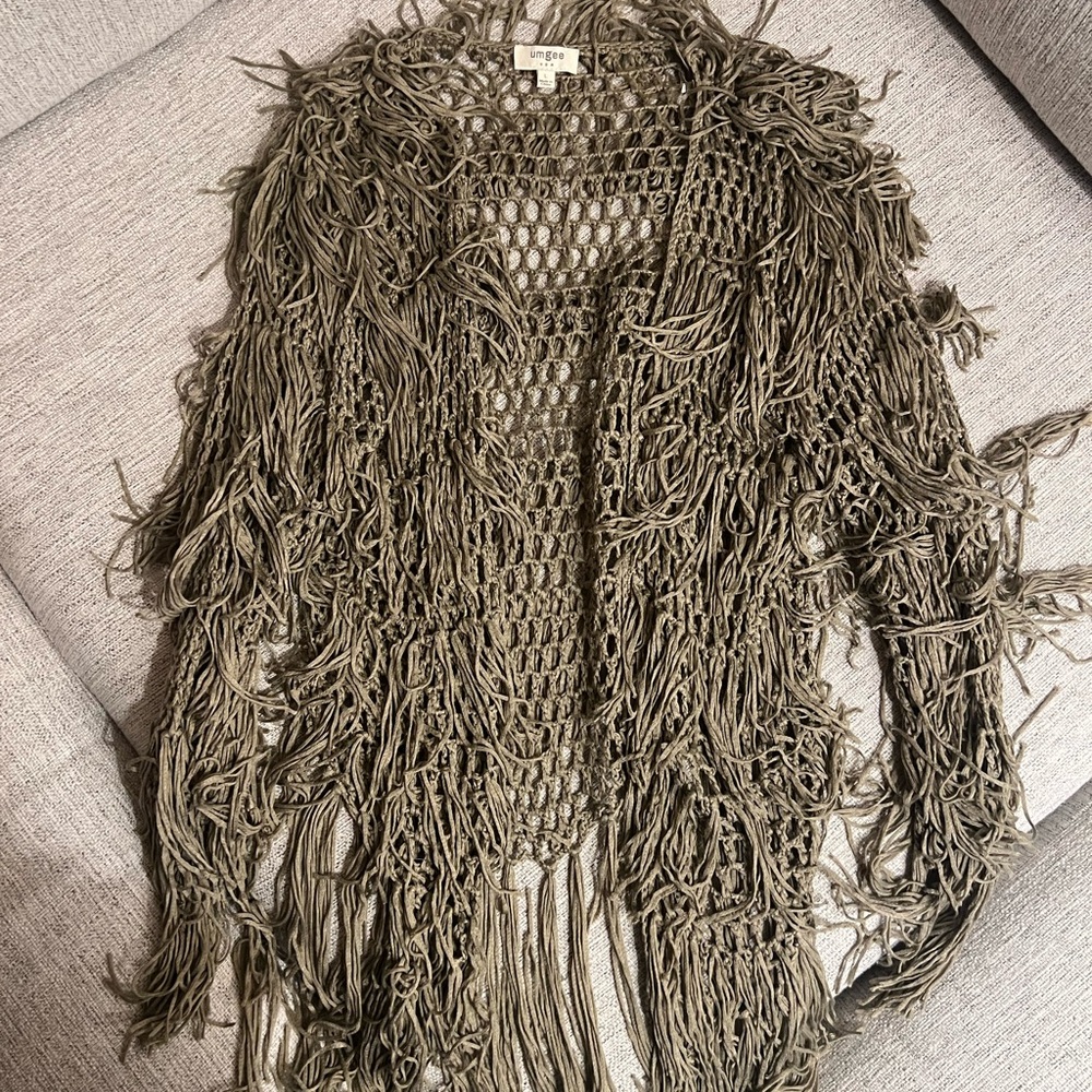 Umgee Taupe Open-Knit Fringe Sweater